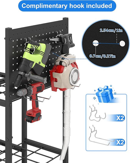 Garden Tool Organizer with Pegboard, Yard Tool Holder Standing for Garage Organization, Up to 30 Long-Handled/10 D-Handled Tools/Rake/Broom/Shovel/, with Side Storage Pocket