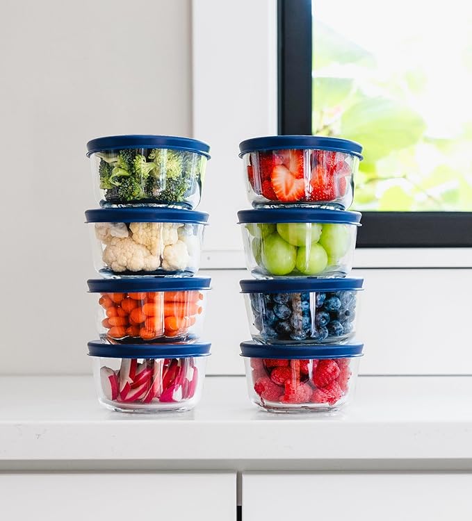 16-Piece Glass Food Storage Containers Set (8 Containers + 8 BPA-Free Lids) | 1-Cup, Leakproof | Microwave, Freezer, Oven & Dishwasher Safe | Ideal for Meal Prep & Pantry Organization, Blue