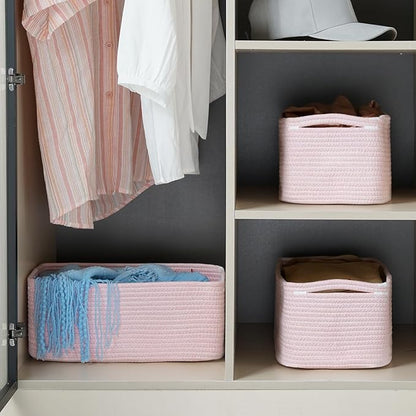3-Pack Storage Baskets for Organizing | Woven Shelf Toy Basket | Rope Baskets for Gifts Empty | Closet Organizer Bins with Handles | Cube Decorative Box | 13.7×7.1×6.7” | Mixed Pink