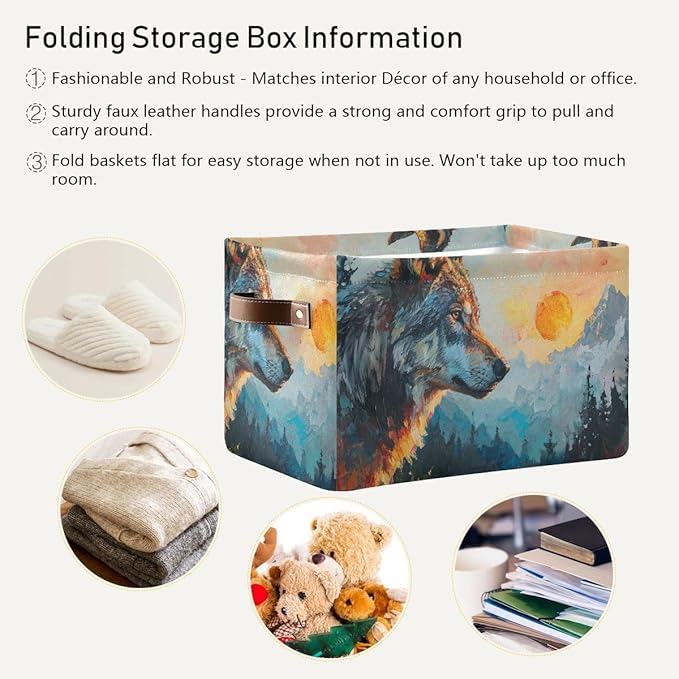 Storage Basket Wolf in The Sunrise Pattern Durable Canvas Collapsible Toy Box Organizer Bin with Handles for Shelf Closet Bedroom Home Office