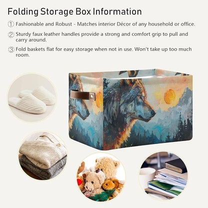 Storage Basket Wolf in The Sunrise Pattern Durable Canvas Collapsible Toy Box Organizer Bin with Handles for Shelf Closet Bedroom Home Office