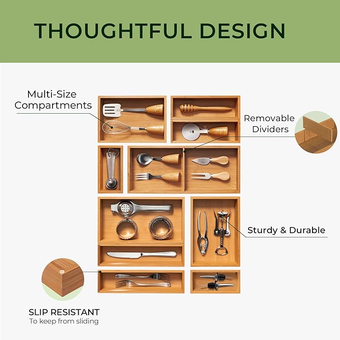 keechee 10-Piece Bamboo Drawer Organizer Set, 2.2" Deep Multi-Use Organizers for Utensils, Silverware, Cutlery, Desk, Bathroom, Junk Drawer & Makeup, Non-Slip Feet Included.