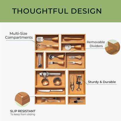keechee 10-Piece Bamboo Drawer Organizer Set, 2.2" Deep Multi-Use Organizers for Utensils, Silverware, Cutlery, Desk, Bathroom, Junk Drawer & Makeup, Non-Slip Feet Included.