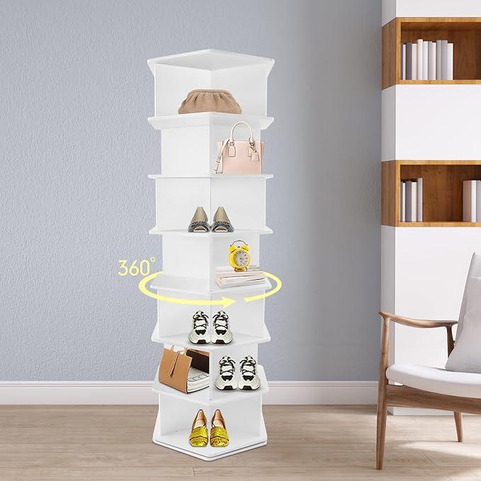 7-Tier Rotating Shoe Rack, 360° Spinning PVC Shoe Organizer with Hexagon Base, Free Standing Space Saving Design for Entryway, Cloakroom, Bedroom
