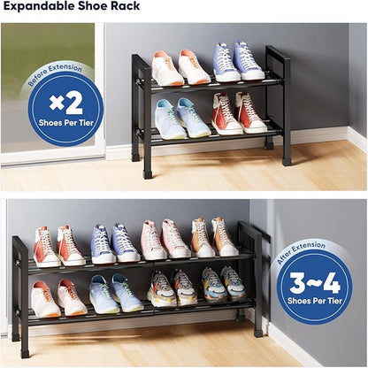Abiglifty 2-Tier Expandable Shoe Rack,17"-33" Adjustable Shoe Rack for Closet,Metal Shoes Shelves for Front Door Entrance, Garage & Corridor, Free Standing Shoe Holders, Easy to Assemble,Black