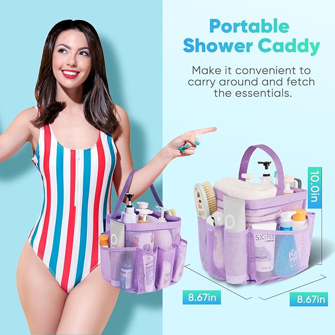 EUDELE 2 Pack Mesh Shower Caddy Portable for College Dorm Room Essentials, Shower Caddy Dorm with 8-Pocket Large Capacity,Shower Bag for Beach,Swimming,Gym All Black+All Purple