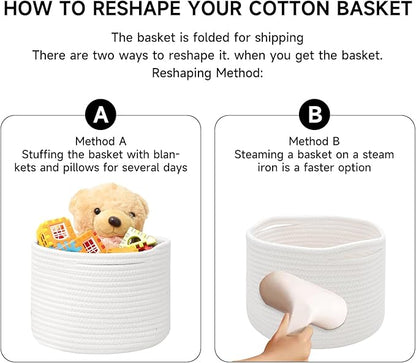 MiniArk Small Basket for Organizing | Cube Shelf Closet Storage Baskets | 9.7×9.7×7.1” | Woven Rope Gift Basket | Nursery | Round 3 Packs Off White