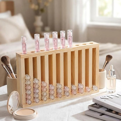 Wonderjune 1 Pcs Wooden Lipsticks Holder 0.7 inch Lip Balm Tube Holder Lip Gloss Organizer Display Wood Lipsticks Tube Tower Organizer for Market Craft Booth Room Display (10 Slot)