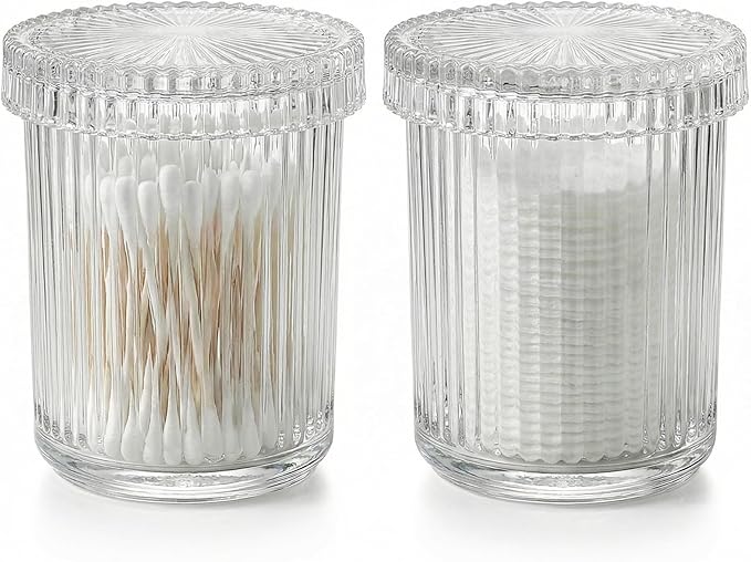 rejomiik Glass Qtip Holder Dispenser 2 Pack, Bathroom Canister Apothecary Jars with Lids, Vanity Makeup Accessories Storage Organizer for Cotton Swabs, Cotton Balls, Pads, Floss Picks, Clear