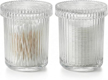 rejomiik Glass Qtip Holder Dispenser 2 Pack, Bathroom Canister Apothecary Jars with Lids, Vanity Makeup Accessories Storage Organizer for Cotton Swabs, Cotton Balls, Pads, Floss Picks, Clear