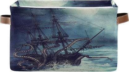 AUUXVA Storage Basket Ocean Kraken Nautical Pirate Ship Animal Octopus Storage Cube Box Durable Canvas Collapsible Toy Basket Organizer Bin with Handles for Shelf Closet Bedroom Home Office