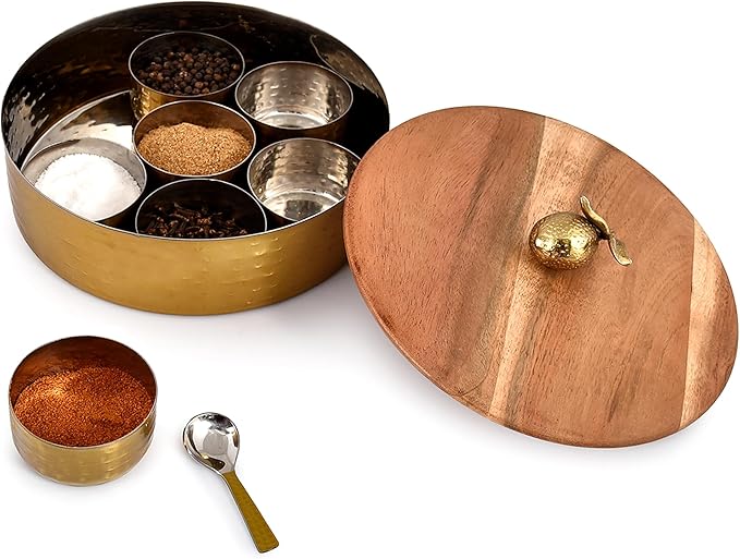 Elan Dabbahs and Days Spice Box with Stylish Lemon Knob |Stainless Steel with Wooden lid Masala Dabba | Masala Dani With 7 Containers and Small Spoon | Kitchen Spice Organiser (Antique Gold and Wood)