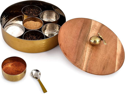 Elan Dabbahs and Days Spice Box with Stylish Lemon Knob |Stainless Steel with Wooden lid Masala Dabba | Masala Dani With 7 Containers and Small Spoon | Kitchen Spice Organiser (Antique Gold and Wood)