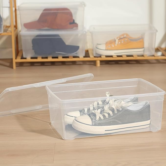 novelinks 8 Pack 6 Quart Clear Plastic Storage Bins with Lids, Stackable Shoe Boxes Plastic Storage Container, Organizer Bins for Shoes Organization (Clear)