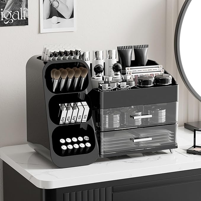 Makeup Organizer with Drawers,Large Capacity Countertop Organizer for Vanity,Bathroom and Bedroom Desk Cosmetics Organizer,Easy To Storage Skincare,Brushes,Lotions,Lipstick (Black)