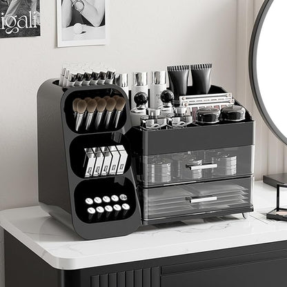 Makeup Organizer with Drawers,Large Capacity Countertop Organizer for Vanity,Bathroom and Bedroom Desk Cosmetics Organizer,Easy To Storage Skincare,Brushes,Lotions,Lipstick (Black)