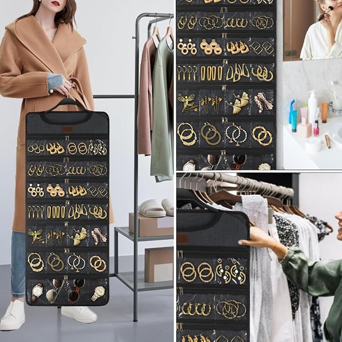 SMRITI Hanging Jewelry Organizer with Dual Zippered Pockets Canvas Double Sided Rotating Hanger Necklace Hanging Wall Organizer Earring Dustproof Holder Wall Mount Accessories Display Bag(Dark Grey)