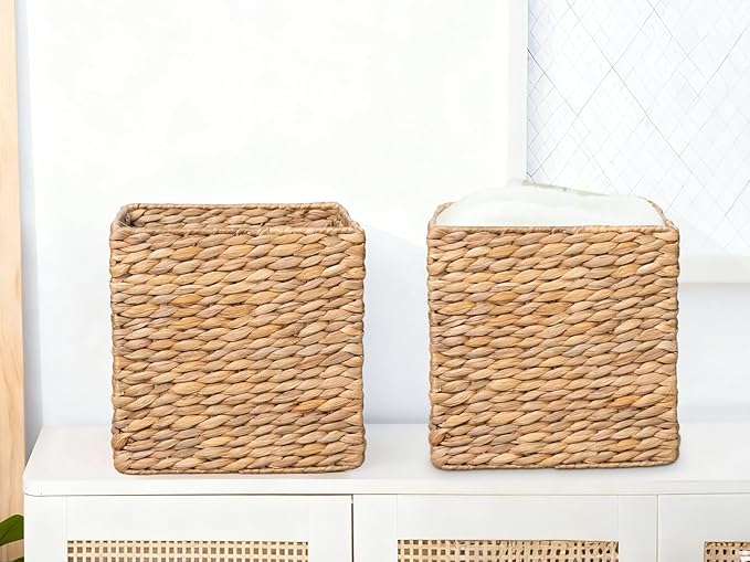 YAHUAN Foldable Water Hyacinth Storage Cubes 9X9 Hand Woven Wicker Storage Bins Square Basket Storage Baskets for Shelves (Water hyacinth 2-pack)