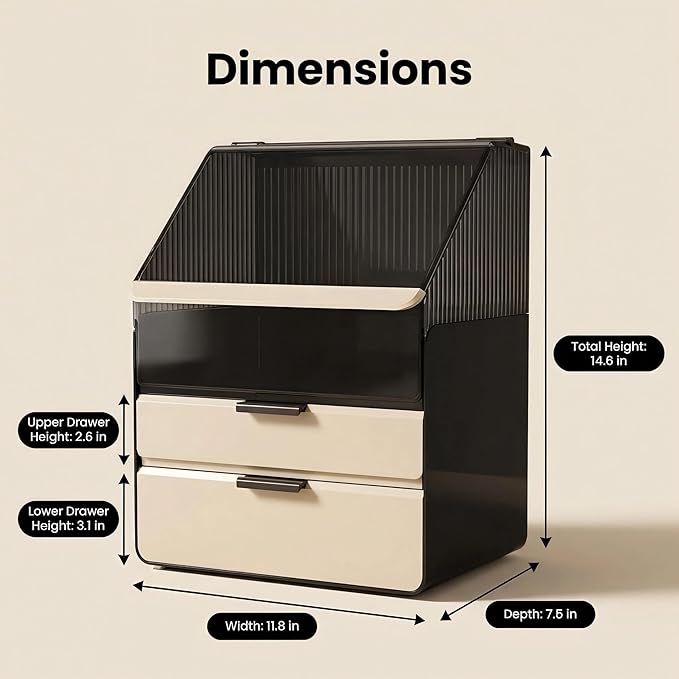Large 3-Tier Makeup Organizer with Drawers and Lipstick Holder, Dustproof Waterproof Skincare Storage Box for Bathroom Countertop, Vanity Cosmetic Organizer,Clear Black/White
