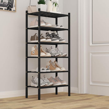 ROMGUAR CRAFT 6-Tier Bamboo Small Shoe Rack, Free Standing Wood Shoe Shelf Storage Organizer for Closet Entryway Stackable (Black)