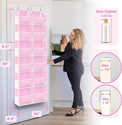 Over The Door Organizer 6 Tiers, Extra Large Behind Door Storage of 12 Compartments, 80 lbs Weight Capacity Hanging Storage Organizer with Clear Window Kids Toys,Shoes,Diapers,Room Storage,Pink