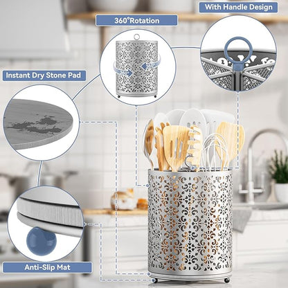 YIUKEA Extra Large Utensil Holder - 360° Rotating Cooking Utensils Caddy Countertop Organizer with Instant-Dry and Removable Base for Kitchen Tools