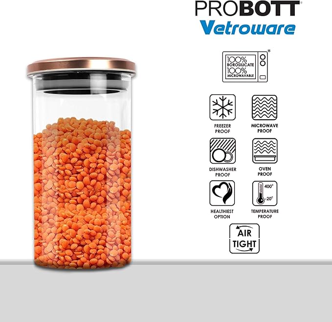 PROBOTT Vetroware Glass Storage Jar 1100ml, Transparent | For Grains, Pulses, Spice, Cereals, Cookies, Dry Fruits | Fridge Storage Container | Multipurpose Organizer Jar with Airtight Metal Lid