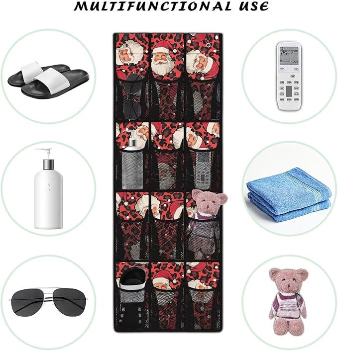 Santa Claus Behind Door Organizer for Merry Christmas Home Decor Mesh Fabric Door Hanging Shoe Organizer for Living 12 Pockets with 4 Metal Hook Multi-Funtion Storage Bag