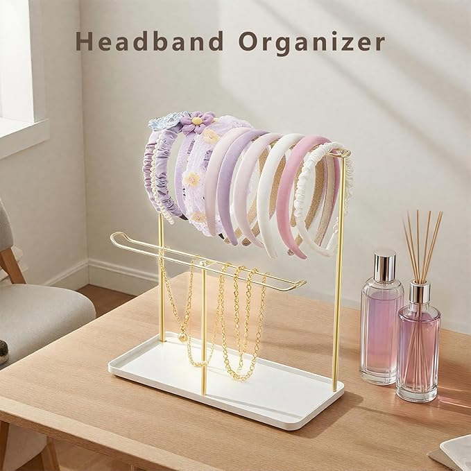 Headband Holder Organizer Metal 2-Tier with Tray, Necklace Storage Hairband Rack Hair Accessories Display Stand Stand Home Bedroom College Dorm Decor for Girls Women (Gold)