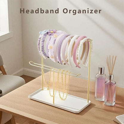 Headband Holder Organizer Metal 2-Tier with Tray, Necklace Storage Hairband Rack Hair Accessories Display Stand Stand Home Bedroom College Dorm Decor for Girls Women (Gold)