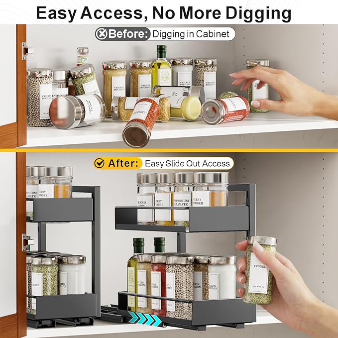 iSPECLE Pull Out Spice Rack - 2 Pack Peel and Stick No-Drill Vertical Spice Racks for Inside Cabinet Easy Access No Digging, Adjustable Height for 4oz to 8oz Spice Jars, For Kitchen Pantry Cabinet