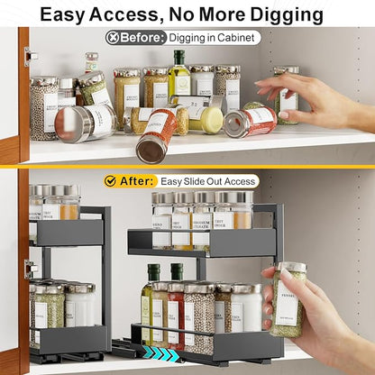 iSPECLE Pull Out Spice Rack - 2 Pack Peel and Stick No-Drill Vertical Spice Racks for Inside Cabinet Easy Access No Digging, Adjustable Height for 4oz to 8oz Spice Jars, For Kitchen Pantry Cabinet