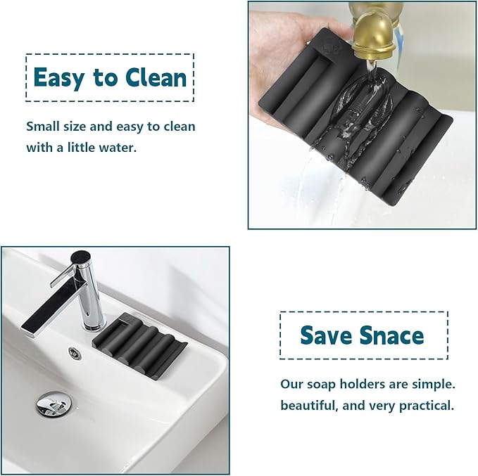 Silicone Soap Dish,Self Draining Soap Holder Perfect for Shower,Bathroom Sink,Kitchen Sink & Travel,Non-Slip Bar Soap Holder Extend Soap Life,Keep Soap Bars Dry & Easy Cleaning Black-3Pcs