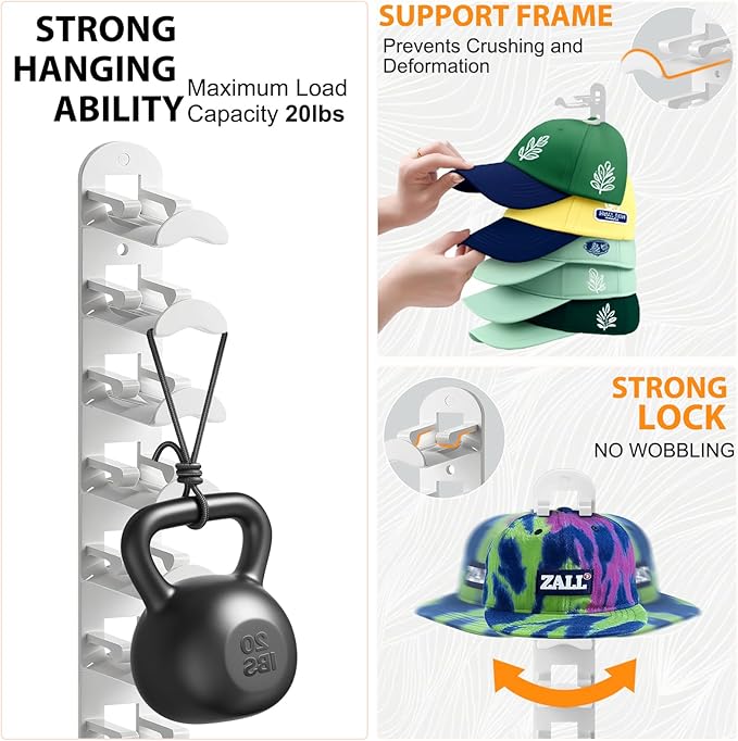 2 Pack Hat Hook Organizer for Baseball Caps, Hat Hanger Holder for 20 Caps, Wall Hat Rack with Strong Adhesive, Multilayer Cap Storage Hooks for Closet Door and Bedroom (Style B-White)