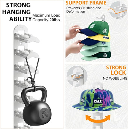 2 Pack Hat Hook Organizer for Baseball Caps, Hat Hanger Holder for 20 Caps, Wall Hat Rack with Strong Adhesive, Multilayer Cap Storage Hooks for Closet Door and Bedroom (Style B-White)