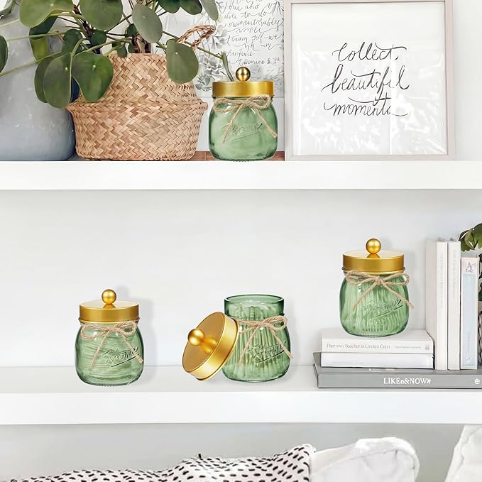 SheeChung Green Glass Qtip Holder Dispenser, Mason Jar Apothecary Jars with Lids, Bathroom Organizers and Storage, Vanity Countertop Canisters Set for Cotton Swab, Ball, Pad, Floss Pick-Gold, 2 Pack