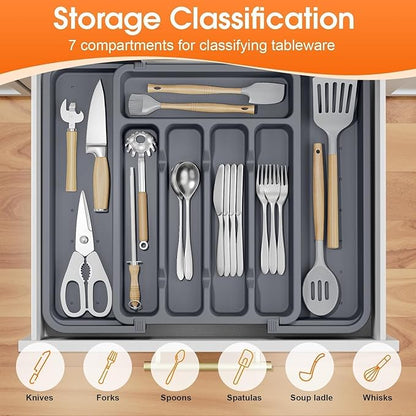 SpaceHacks Silverware Organizer，Adjustable & Expandable Utensil Drawer Organizer, BPA Free Utensil Holder, Cutlery Tray for Forks, Spoons, Knives in Kitchen, Medium, Grey