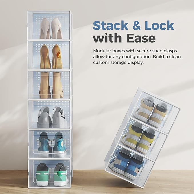 DUMOS Shoe Storage Boxes, 15-Pack Stackable Clear Shoe Containers with Lids, Display Sneaker Case Organizer for Closet, Under Bed, Entryway,White, Fit Size 9