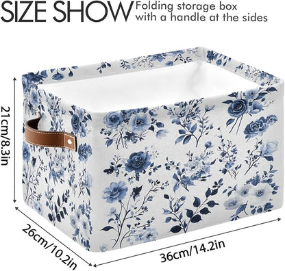 Large Storage Basket Blue and White Porcelain Storage Bin Cube Canvas Fabric Organizer Handles Collapsible for Clothes Toys Bedroom Decorative