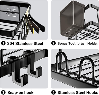 AKTECKE Corner Shower Caddy, 2 Pack Adhesive Shower Corner Organizer Shelves, No Drilling Stainless Steel Shower Storage Rack with Hooks&Toothpaste Holder for Bathroom Kitchen （for 90° Corners Only）