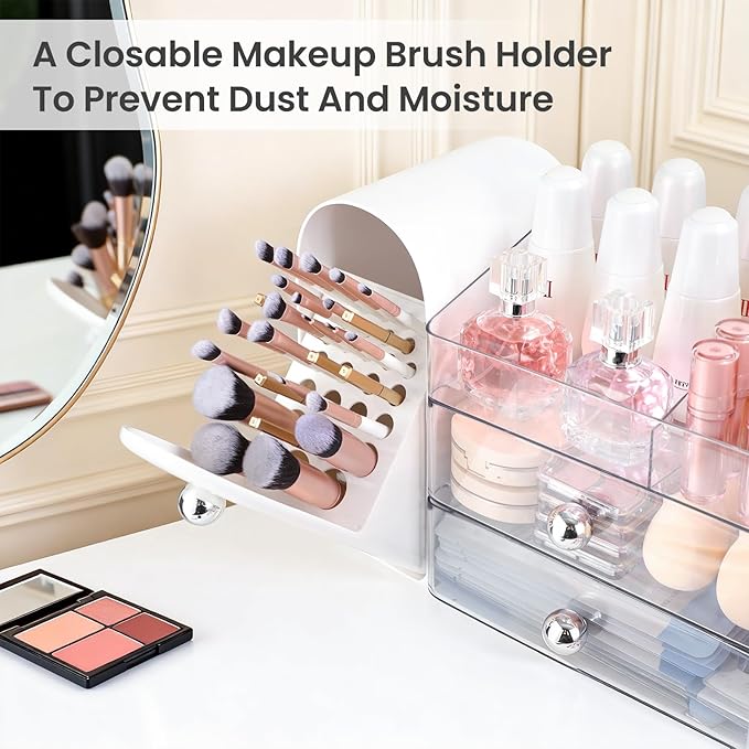 Makeup Organizer,Vanity Organizer with Makeup Brush Holder,Large Skincare Organizers with Drawers,Bathroom Countertop Organizer,Storage Lipstick,Perfume,Nail Polish,Beauty,Gifts for Woman