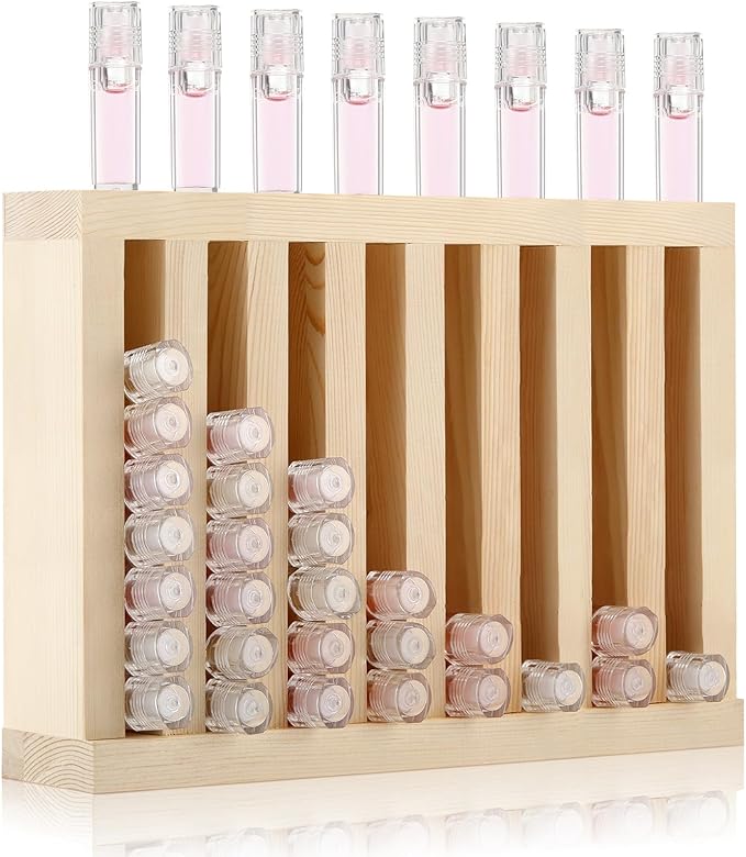 Wonderjune 1 Pcs Wooden Lipsticks Holder 0.7 inch Lip Balm Tube Holder Lip Gloss Organizer Display Wood Lipsticks Tube Tower Organizer for Market Craft Booth Room Display (8 Slot)