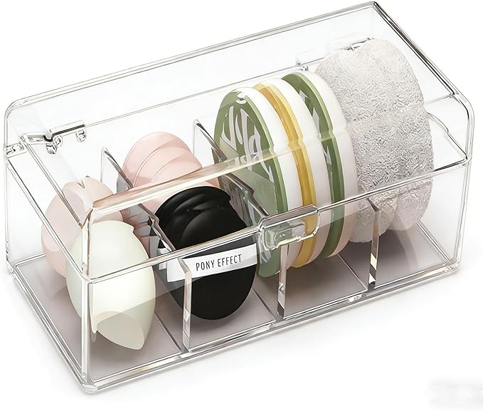 Cotton Swab Holder Dispenser with Lid,4 Compartments Clear Acrylic Makeup Brush Organizer Dust proof Large Capacity Cosmetic Tool Storage Box for Bathroom Brushs,Puffs,Beauty Sponges Vanity Essentials