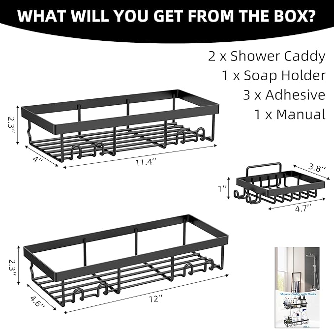 Moforoco 3-Pack Shower Caddy Basket Shelf with Soap Holder, No Drilling Traceless Adhesive Shower Wall Shelves, Rustproof Black Bathroom Shower Storage Organizer