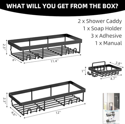 Moforoco 3-Pack Shower Caddy Basket Shelf with Soap Holder, No Drilling Traceless Adhesive Shower Wall Shelves, Rustproof Black Bathroom Shower Storage Organizer