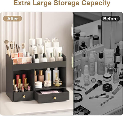 Large Makeup Organizer with Drawers, Bamboo Countertop Cosmetic Storage for Dresser Vanity Organizer Beauty Desk Skincare Holders Container Make Up Organizing for Lipstick