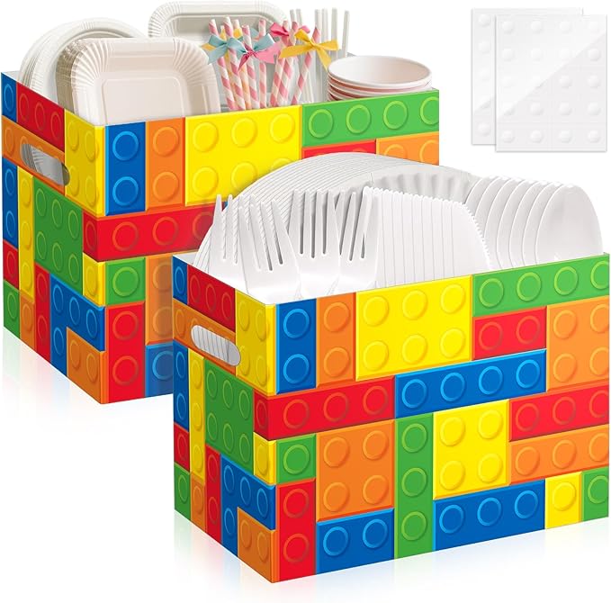 2PCS Building Block Utensil Holder Paper Utensil Caddy for Building Block Party Supplies Disposable Cutlery Holder with Handles Cutlery Caddy for Boys Birthday Party Decorations Colorful Snack Box