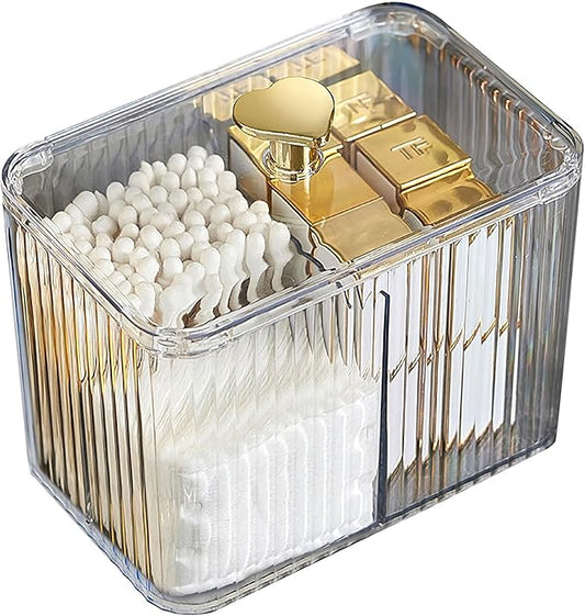 Qtips Holder Bathroom Container, 3-Section Cotton Buds Ball Dispenser, Clear Bathroom Organizer Jar, Cosmetics Storage for Vanity