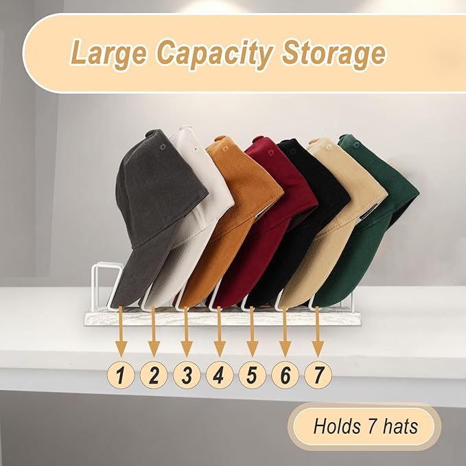 Hat Organizer for Baseball Caps - 14 Caps Organizer & Holder, Anti-Tip Metal Hat Rack & Display Stand, Quick-Install Hat Storage for Closet, Bedroom, Vanity (White wood grain，2 pack)