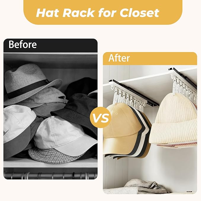 2 Pack No-Drill Wall-Mounted Baseball Hat Organizer, Hat Storage Rack Holds Up to 20 Caps, Hat Holder with 10 Damage-Free Clips & Metal Slide Rails, Modern Hat Rack for Closet, Bedroom & Entryway